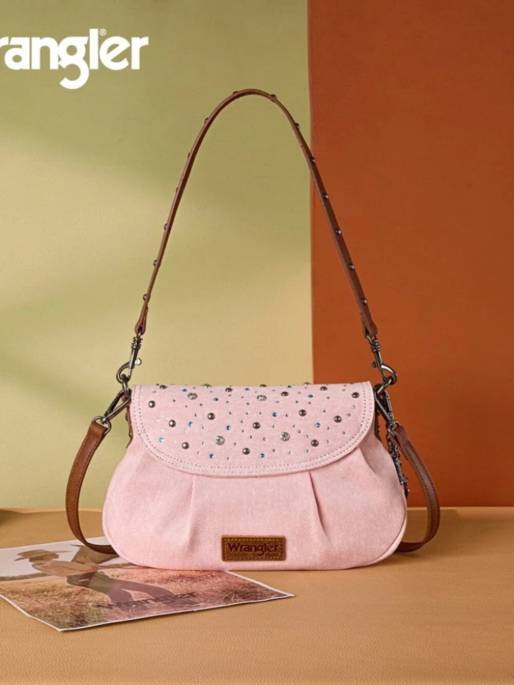 Wrangler Western Rhinestone Denim Flap Crossbody Shoulder Bag Pink - Picture 5 of 8